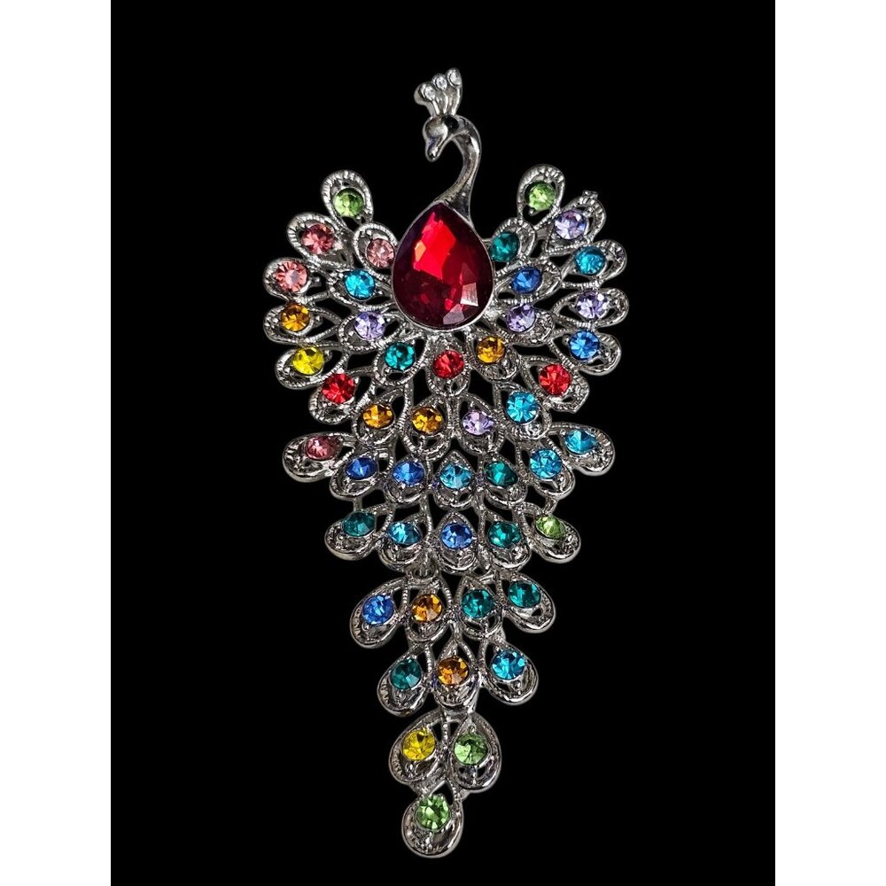 Vintage Peacock Pendant / Brooch Multicolor Rhinestones Silver Tone Bird